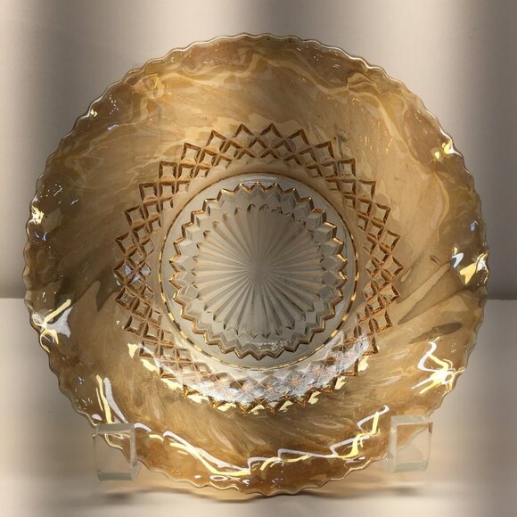 Vintage Indiana Carnival Amber Glass Bowl Round Scalloped Edged 7.5" - Picture 5 of 13